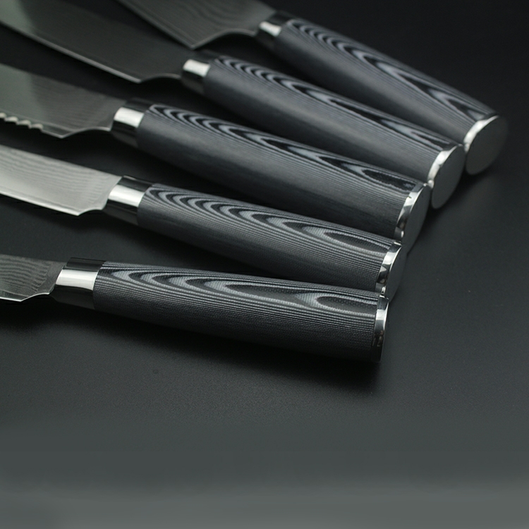 Langda 5pcs G10 handle Japanese Classical Damascus kitchen knife set with block